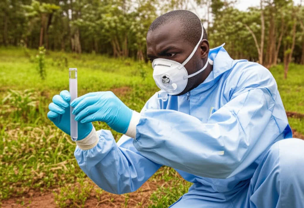 Fotografia di un operatore sanitario con maschera e guanti che raccoglie un campione di acqua da un ruscello in un contesto rurale ugandese, utilizzando una provetta sterile. Obiettivo macro 70mm, alta definizione, luce naturale filtrata dagli alberi, messa a fuoco precisa sul campione d'acqua, trasmettendo un senso di indagine scientifica sul campo.