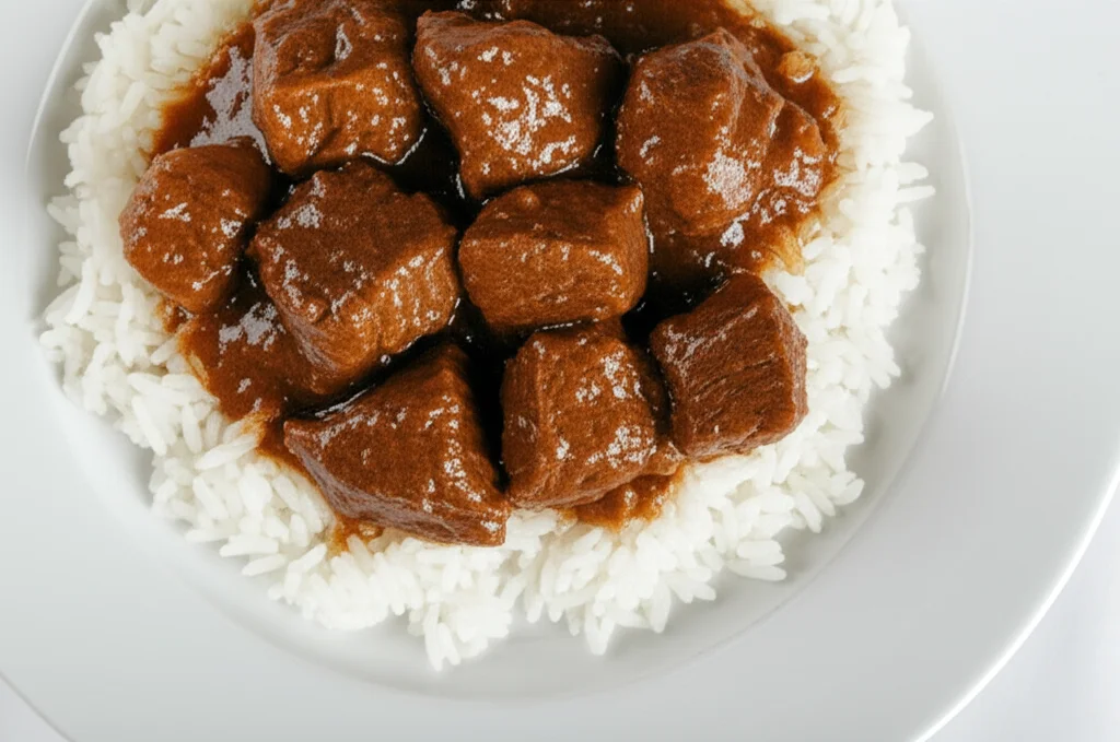 Scatto macro 100mm di una porzione di stufato di manzo e riso in un piatto semplice, illuminazione controllata da studio per alta definizione, messa a fuoco precisa sulla texture del cibo, evocando il pasto centrale dell'indagine sull'intossicazione alimentare.