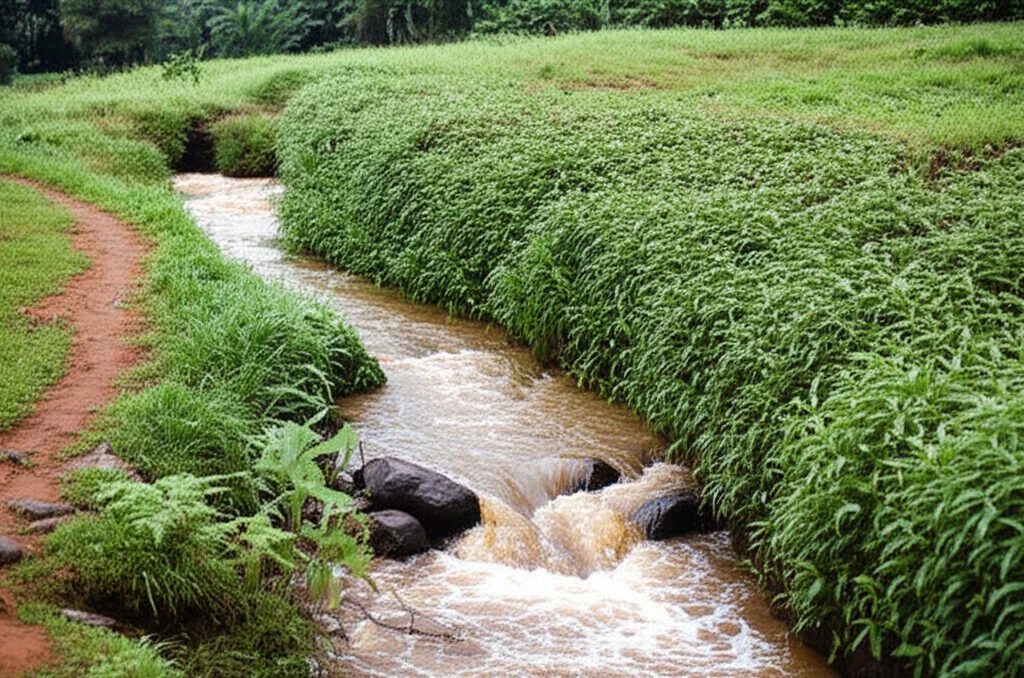 Fotografia grandangolare 18mm di un paesaggio rurale ugandese con un ruscello in primo piano che scorre tra la vegetazione. Lunga esposizione per rendere l'acqua setosa e liscia, focus nitido sull'ambiente circostante, luce del tardo pomeriggio, evocando la bellezza naturale ma anche la potenziale fonte di contaminazione.