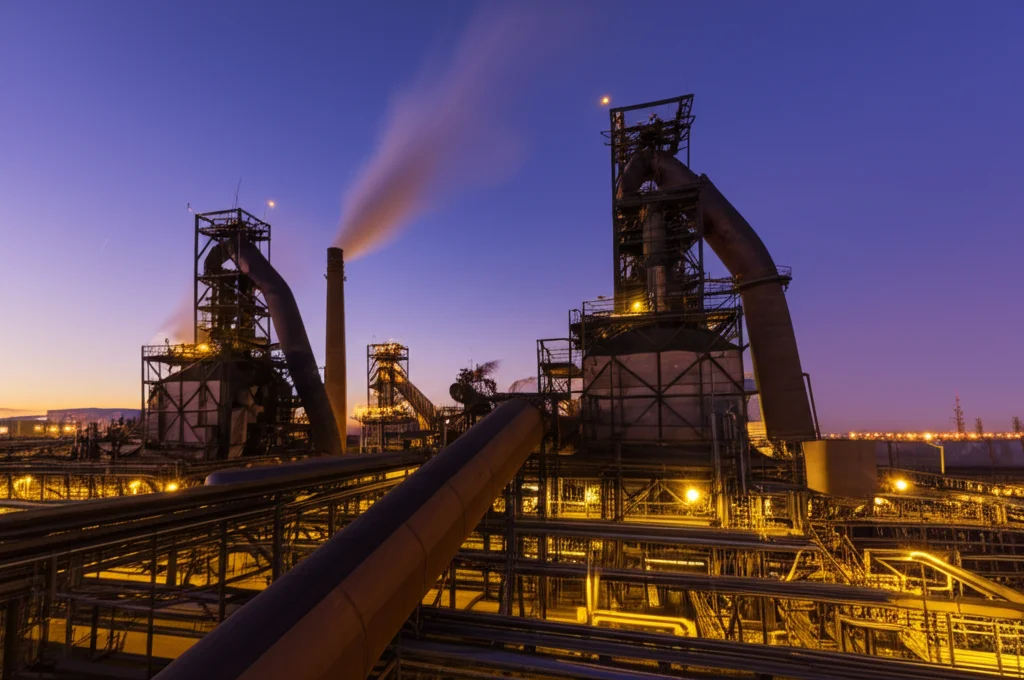Vista grandangolare di un moderno impianto siderurgico al tramonto, con fumi illuminati dal basso. Obiettivo grandangolare 15mm, lunga esposizione per rendere il cielo vibrante, messa a fuoco nitida sulle strutture industriali.