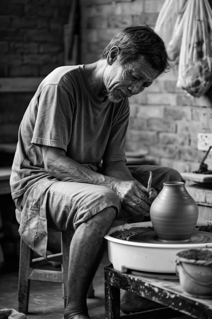 Fotografia di ritratto di un vasaio indonesiano di mezza età (circa 50 anni) al lavoro nel suo laboratorio a Magelang. È seduto su uno sgabello basso, concentrato sulla modellazione dell'argilla al tornio. La luce naturale illumina il suo volto segnato dall'esperienza. Obiettivo prime 35mm, bianco e nero cinematografico (film noir), leggera profondità di campo per mantenere a fuoco sia l'artigiano che il pezzo in lavorazione.