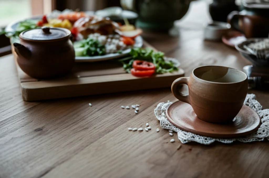 Fotografia still life di una colazione semplice ma nutriente su un tavolo di legno rustico, accanto a delle ceramiche fatte a mano. Include frutta fresca, forse riso e verdure. Obiettivo macro 100mm, alta definizione del cibo, illuminazione naturale controllata che entra da una finestra vicina, creando un'atmosfera calda e accogliente.