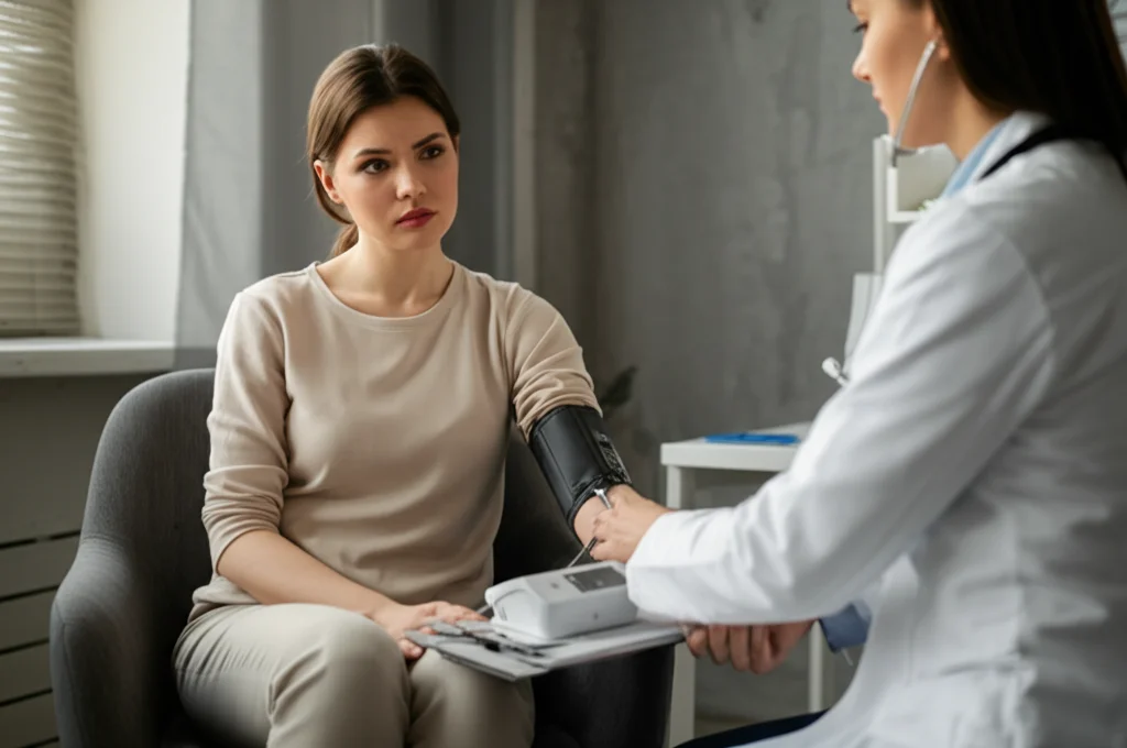 Una giovane madre seduta su una poltrona in uno studio medico, un misuratore di pressione automatico (AOBPM) sul braccio, espressione leggermente preoccupata ma speranzosa. Luce naturale soffusa dalla finestra. Prime lens, 35mm, depth of field, colori tenui.