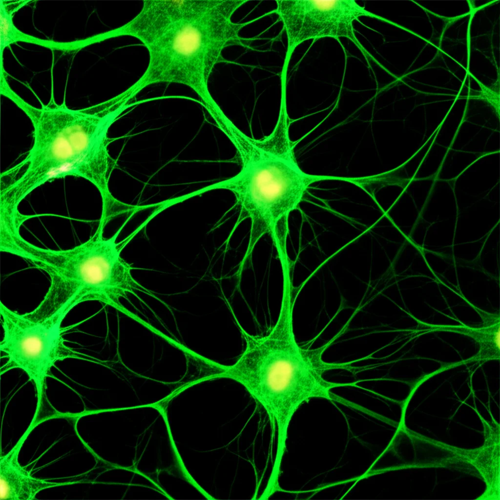 Immagine fotorealistica al microscopio di neuroni corticali in coltura. Alcuni neuroni brillano di una fluorescenza verde intensa (indicando alti livelli di zinco intracellulare dopo stimolazione con glutammato), mentre altri mostrano una fluorescenza debole. Obiettivo macro 100mm, alta definizione, illuminazione controllata per evidenziare la fluorescenza, sfondo scuro.