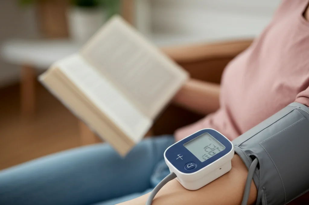 Primo piano di un monitor per la pressione arteriosa ambulatoriale (24hABPM) indossato da una donna mentre svolge attività quotidiane a casa, come leggere un libro su un divano (sfocato sullo sfondo). Focus sul display del dispositivo che mostra valori numerici. Macro lens, 85mm, high detail, luce naturale e controllata.