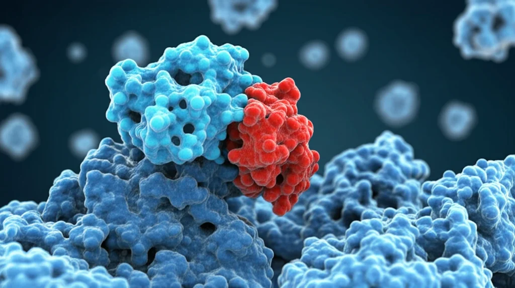 Visualizzazione 3D di una proteina AKT1 (in blu) che interagisce e fosforila il sito T116 della proteina SOX2 (in rosso) all'interno di una cellula. Lente macro 100mm, alto dettaglio molecolare, illuminazione focalizzata sull'interazione, sfondo astratto rappresentante l'ambiente cellulare.