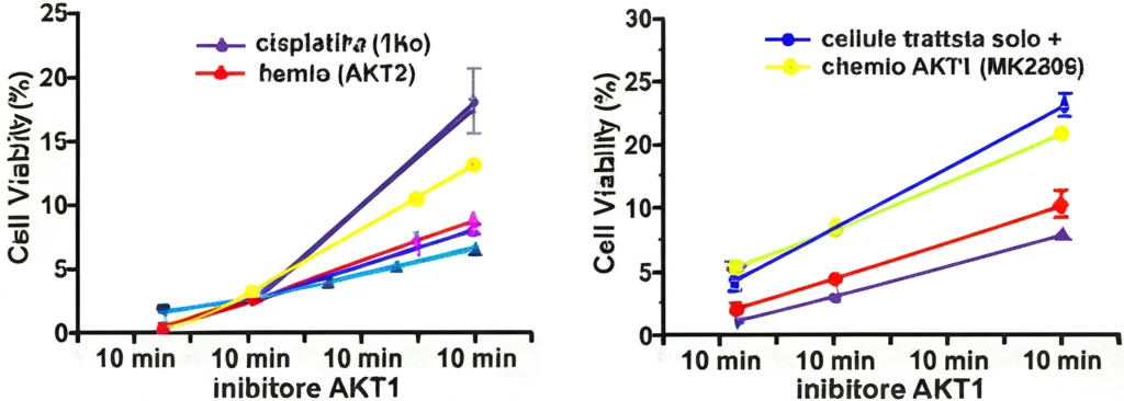 Grafico scientifico che mostra curve di vitalità cellulare (Cell Viability %) in funzione della concentrazione di farmaco (cisplatino o carboplatino), confrontando cellule trattate solo con chemio vs cellule trattate con chemio + inibitore AKT1 (MK2206), evidenziando la sinergia. Stile pulito, colori distinti per le curve, alta leggibilità.
