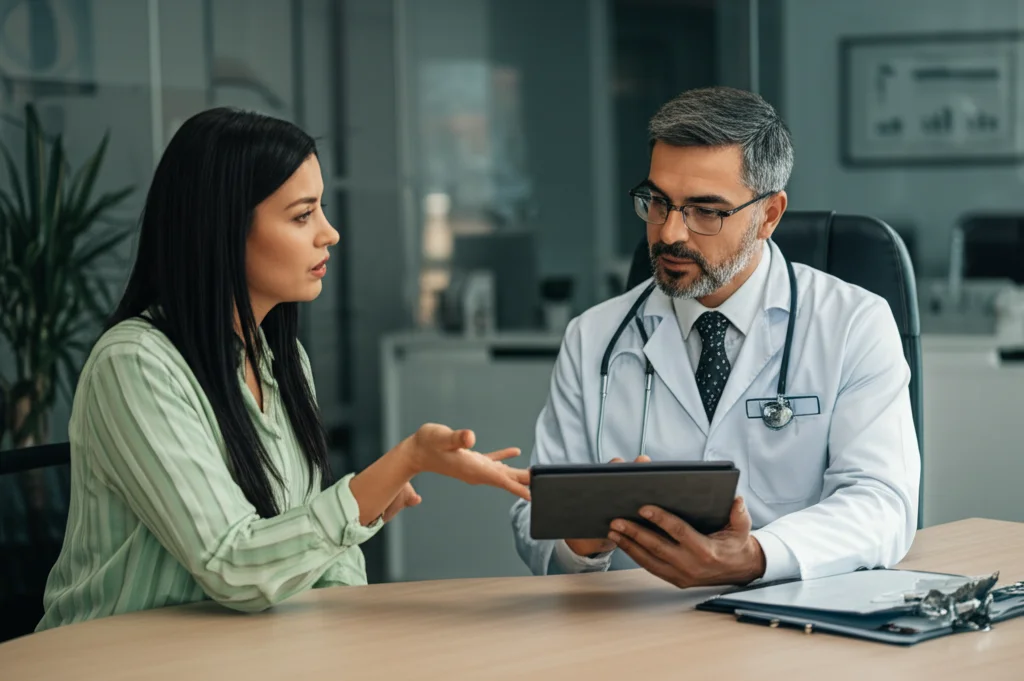 Un medico e una paziente (una donna sui 30-40 anni, ex-paziente PPHT) discutono i risultati durante una visita di follow-up un anno dopo il parto, in un ambiente clinico moderno e accogliente. Entrambi guardano un tablet o una cartella clinica. Prime lens, 50mm, depth of field, luce morbida da studio.