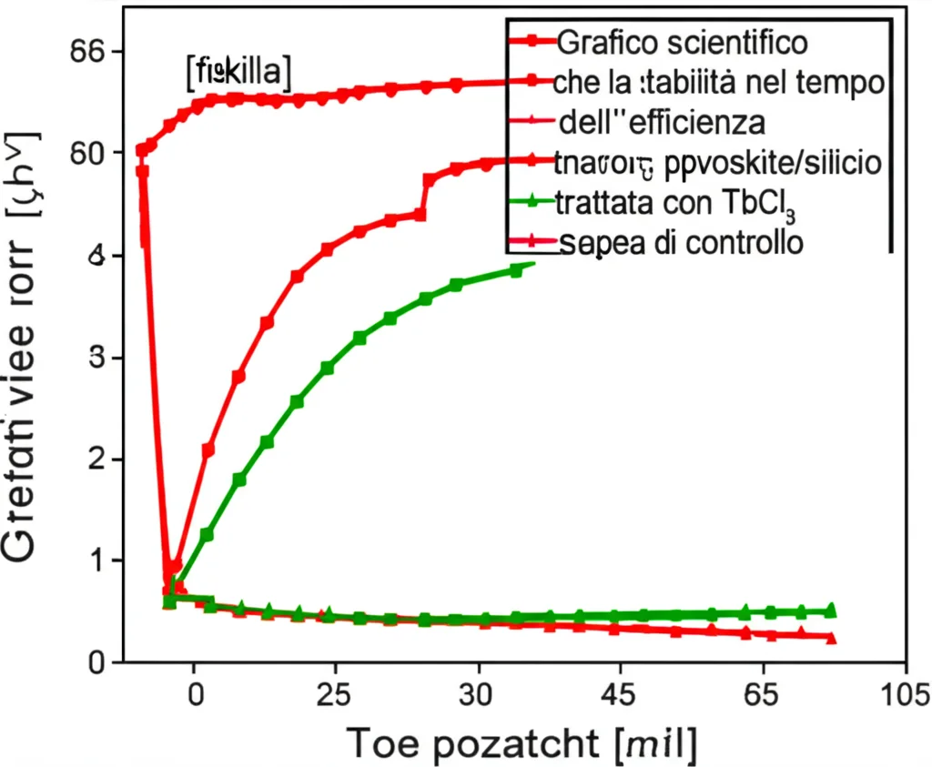 Grafico scientifico che mostra la stabilità nel tempo dell'efficienza di una cella solare tandem perovskite/silicio trattata con TbCl3 rispetto a una di controllo, evidenziando la ritenzione quasi perfetta dell'efficienza iniziale dopo centinaia di ore in ambiente controllato. Stile pulito, dati chiari.