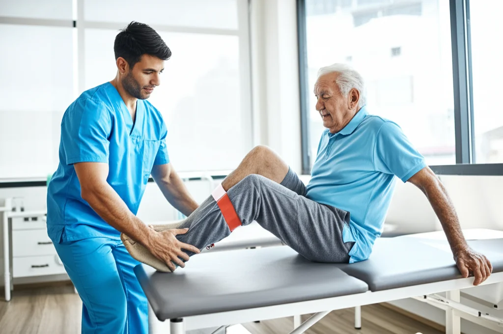 Paziente anziano concentrato mentre esegue un esercizio di rinforzo per la gamba con un elastico, assistito da un fisioterapista in una clinica luminosa. Immagine fotorealistica, obiettivo 50mm, luce controllata, focus sull'interazione e lo sforzo controllato.