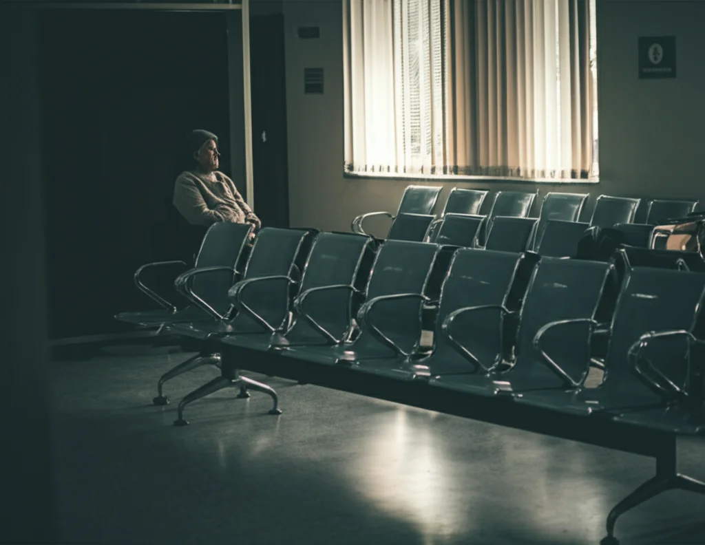 Sala d'attesa di un ospedale semi-vuota, con sedie distanziate. Una persona anziana guarda fuori dalla finestra con aria pensierosa. Immagine fotorealistica, obiettivo 35mm, luce naturale soffusa, atmosfera leggermente malinconica, profondità di campo.