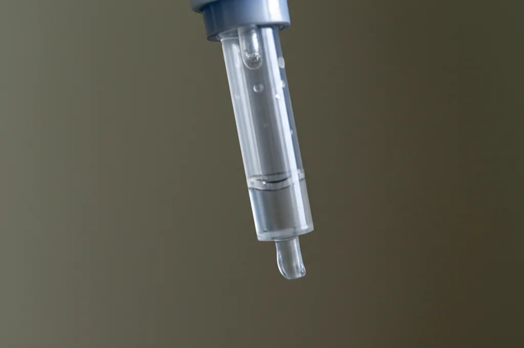 Fotografia macro di una flebo medica con gocce di IVIg che cadono lentamente, lente macro 100mm, alta definizione, illuminazione controllata e precisa per evidenziare la trasparenza del liquido, simboleggia la terapia rara e costosa.