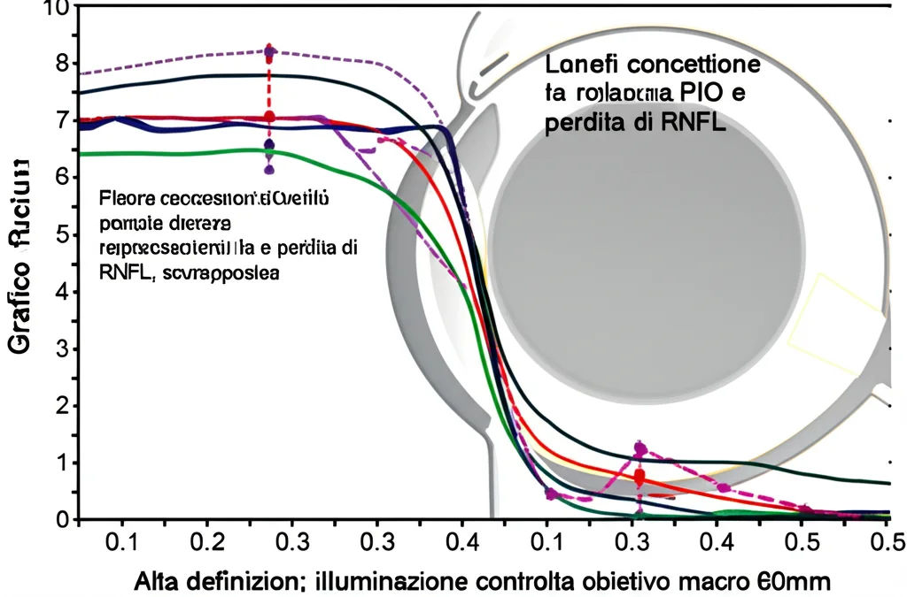 Grafico concettuale che mostra due linee di regressione con pendenze diverse (una più ripida dell'altra) rappresentanti la correlazione tra PIO e perdita di RNFL, sovrapposte a uno sfondo sfocato di un diagramma dell'occhio. Alta definizione, illuminazione controllata, obiettivo macro 60mm.