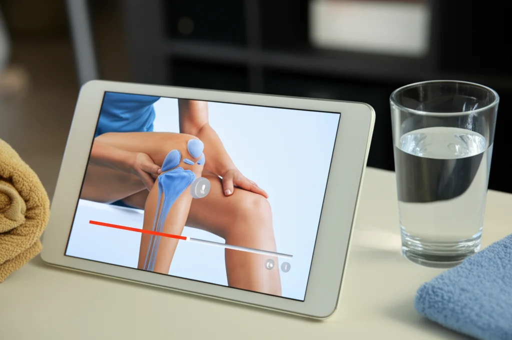 Schermata di un tablet che mostra un video tutorial con esercizi di fisioterapia per il ginocchio. Accanto al tablet, un bicchiere d'acqua e un piccolo asciugamano. Immagine fotorealistica, still life, obiettivo macro 60mm, alta definizione, luce da studio controllata.