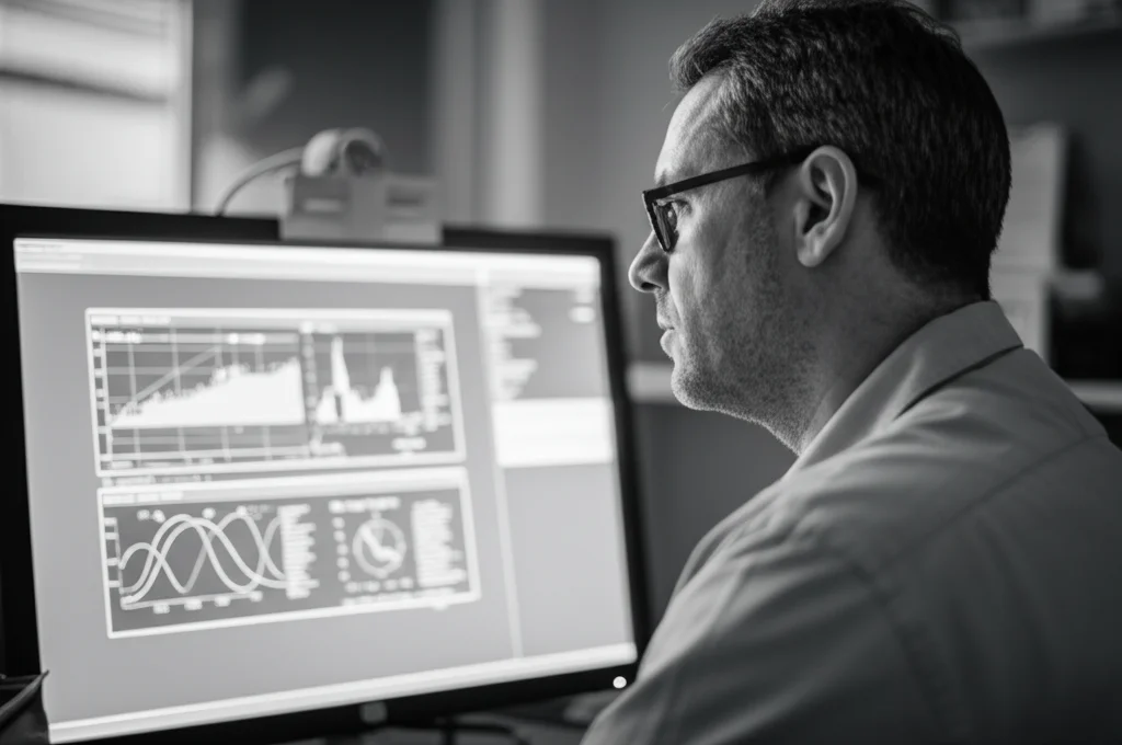 Ritratto fotografico di un ricercatore che osserva dati complessi su uno schermo di computer in un laboratorio, luce ambientale soffusa, profondità di campo, lente 35mm prime, bianco e nero, simboleggia l'analisi statistica avanzata.