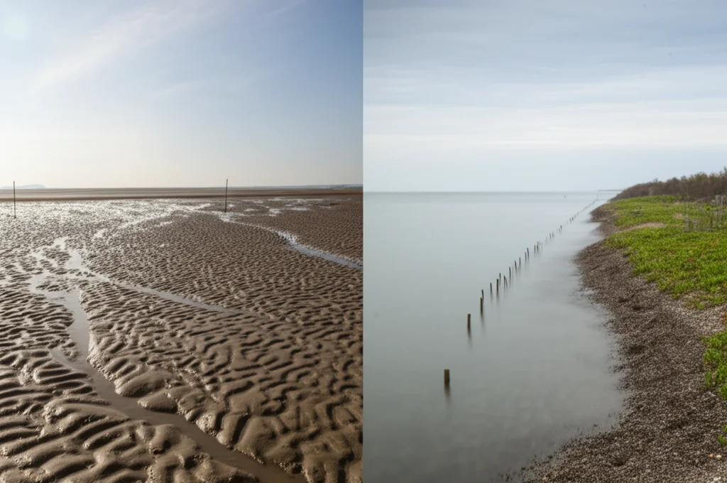 Fotografia paesaggistica grandangolare, 15mm, che mostra due scene costiere affiancate sotto una luce diurna morbida. A sinistra, una costa con una marea semidiurna pronunciata: acqua ritirata che espone ampie piane fangose, con segni netti del livello massimo raggiunto, focus nitido. A destra, una costa con marea diurna dominante: acqua alta che lambisce la vegetazione costiera per un lungo tratto, quasi stagnante, lunga esposizione per acqua liscia, colori naturali.