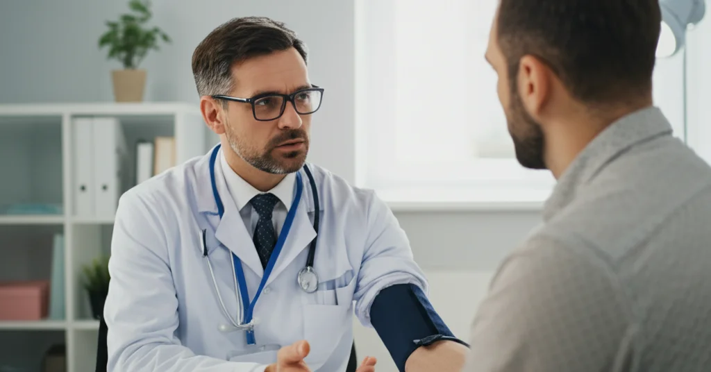 Ritratto di un cardiologo che discute i risultati di un esame del sangue con un paziente in una stanza d'ospedale, luce naturale dalla finestra, profondità di campo che sfoca lo sfondo, lente 50mm prime, espressioni concentrate ma rassicuranti.