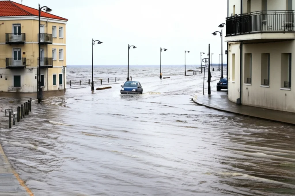 Fotografia con teleobiettivo zoom, 100mm, di una strada costiera parzialmente allagata durante un'inondazione da alta marea in una giornata nuvolosa. L'acqua è calma ma persistente, coprendo la carreggiata per decine di metri. Un'auto procede lentamente creando piccole onde. Edifici vicini con segni di umidità alla base. Messa a fuoco precisa sull'interazione acqua-strada, luce diffusa.
