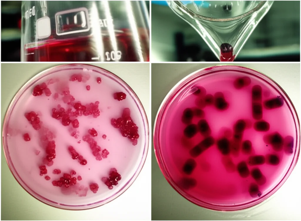Macro fotografia, 100mm lens, di biomassa umida di microalga Porphyridium cruentum di colore rosso intenso in una piastra di Petri di vetro, accanto a un becher contenente l'estratto iniziale di B-Ficoeritrina di colore rosa torbido, alta definizione, messa a fuoco precisa, illuminazione controllata da laboratorio.