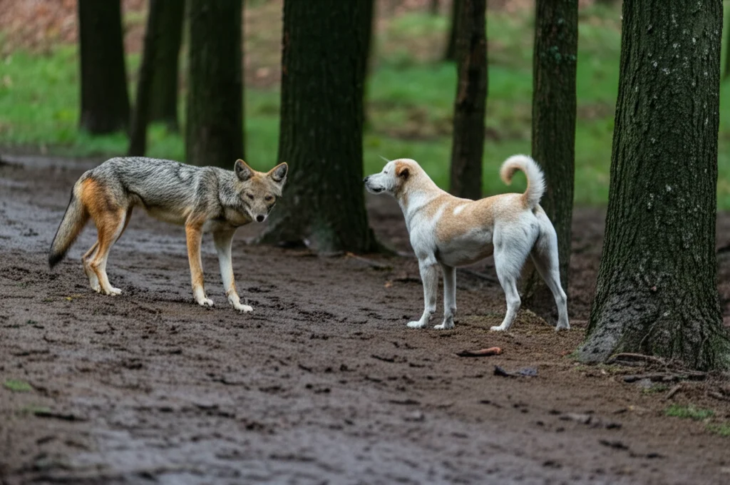 Immagine fotorealistica che illustra il concetto One Health: sottili sagome di uno sciacallo dorato e di un cane domestico che si sovrappongono a impronte umane su terreno umido vicino al margine di una foresta, suggerendo interazione. Obiettivo grandangolare, 24mm, luce naturale soffusa, enfatizzando i confini sfumati tra ambienti selvatici, domestici e umani.