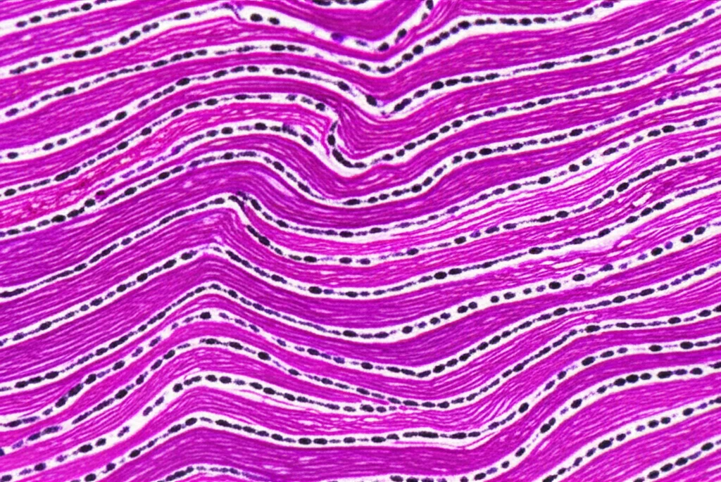 Immagine macro ad alta definizione di fibre muscolari cardiache umane, alcune delle quali appaiono più rigide e meno organizzate rispetto ad altre, illuminazione controllata per evidenziare la texture, lente macro 100mm.