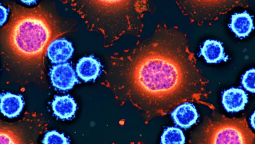 Fotografia macro, obiettivo 60mm, di vibranti cellule T CD8+ (rappresentate concettualmente, magari come sfere luminose) che attaccano cellule tumorali AML più grandi e opache in un ambiente simile a una piastra di Petri, alto dettaglio, illuminazione controllata.