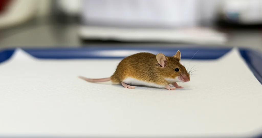 Zoom teleobiettivo, 100mm, che cattura un topo da laboratorio (C57BL/6J) dall'aspetto sano in un ambiente di laboratorio pulito, rappresentando la sopravvivenza prolungata nel gruppo TIGAR KO + 2-DG, profondità di campo.
