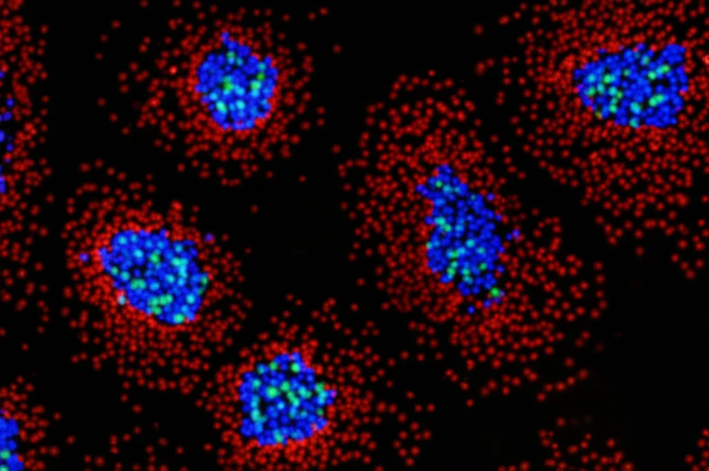 Natura morta, obiettivo macro 105mm, una rappresentazione stilizzata di dati di sequenziamento dell'RNA a singola cellula, forse punti dati luminosi che formano cluster su uno sfondo scuro rappresentando i gruppi ad alta vs bassa espressione di TIGAR, alto dettaglio, messa a fuoco precisa.