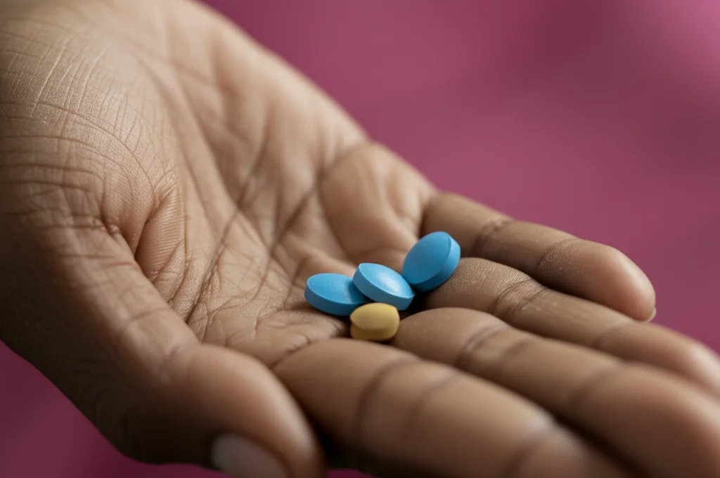 Macro fotografia, 60mm lens, che mostra in dettaglio la mano di una donna nigeriana che tiene alcune compresse di ferro e acido folico. Illuminazione controllata e morbida per enfatizzare la texture delle compresse e della pelle, high detail, precise focusing.
