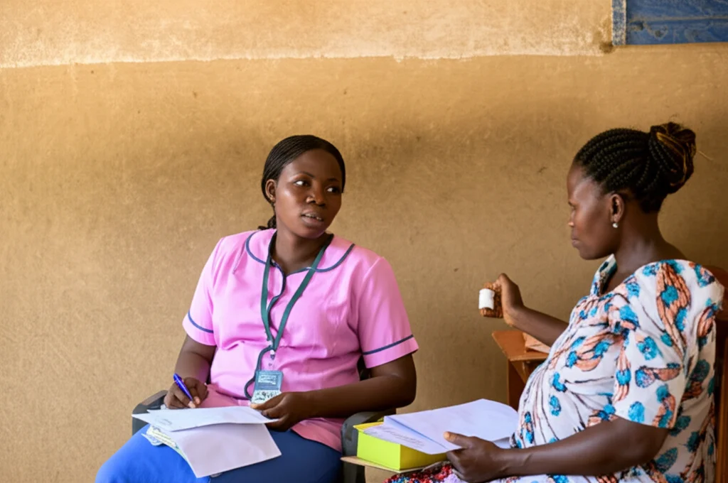 Foto in stile fotogiornalistico che cattura un'operatrice sanitaria nigeriana (Community Health Extension Worker) mentre spiega con gentilezza l'importanza degli integratori a una donna incinta durante una visita prenatale in un semplice ambulatorio di assistenza primaria. Luce naturale, obiettivo 35mm, focus sull'interazione e l'atmosfera di supporto.