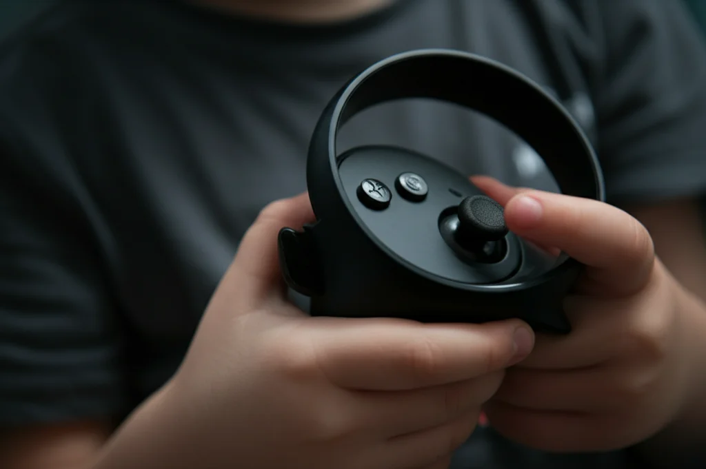 Fotografia macro di un controller VR tenuto da mani piccole di un bambino, con dettagli precisi sulla texture del controller e sulla pelle, illuminazione controllata che crea ombre morbide, obiettivo macro 100mm, messa a fuoco precisa sui dettagli.
