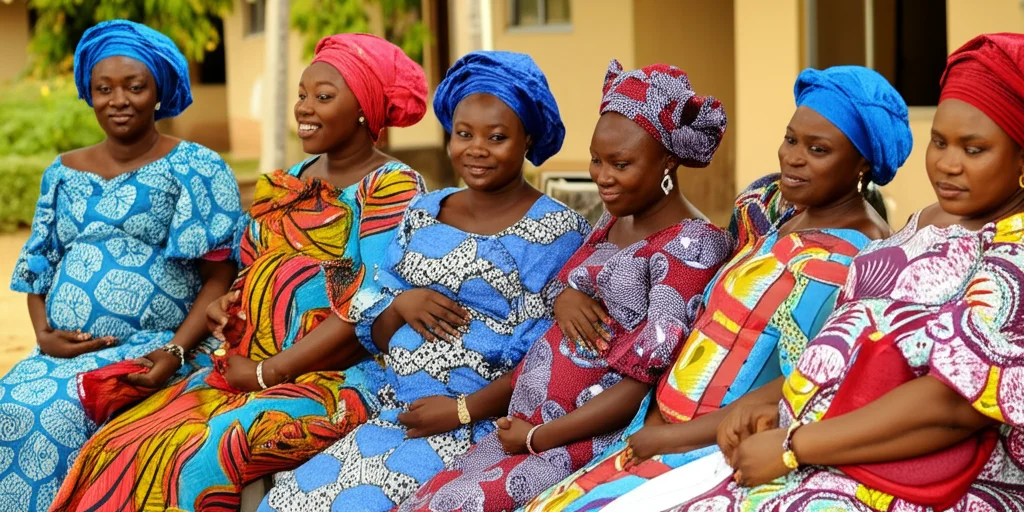 Scatto spontaneo di un piccolo gruppo di donne incinte nigeriane sedute insieme, forse durante una sessione di gruppo ANC o chiacchierando informalmente all'aperto in un contesto comunitario. Luce naturale, che mostra connessione ed esperienza condivisa. Obiettivo zoom, circa 70mm, catturando le espressioni.