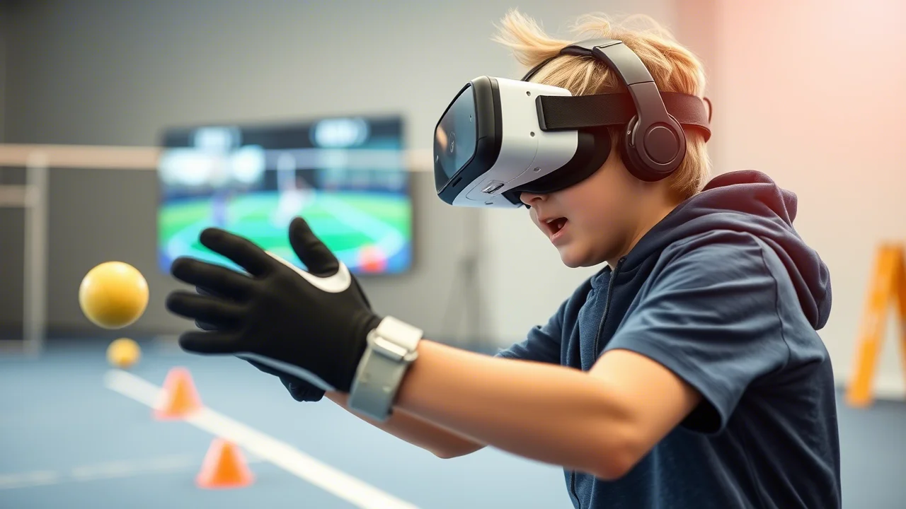 Fotografia sportiva, teleobiettivo 200mm, di un bambino con bisogni educativi speciali che utilizza un sistema VR avanzato con feedback aptico (guanti visibili) per interagire con oggetti virtuali, simulando un'attività sportiva, scatto rapido per congelare il movimento, tracciamento del movimento evidente.
