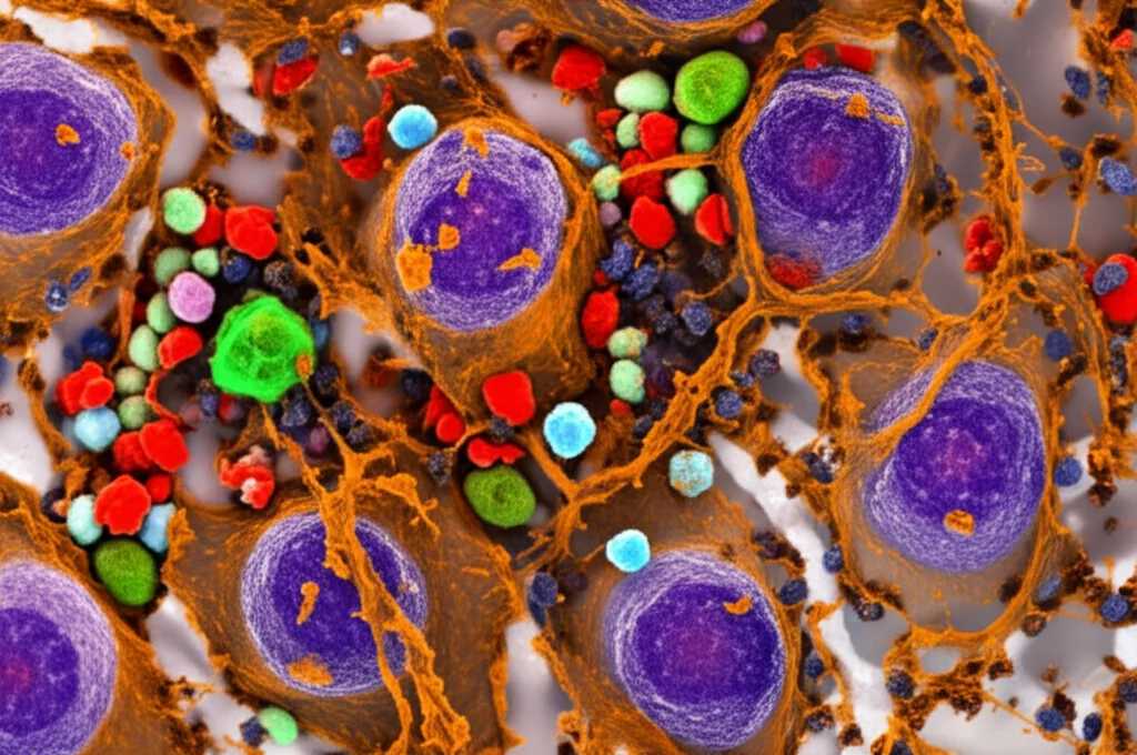 Immagine macro ad alta definizione di cellule immunitarie (linfociti T, macrofagi) che infiltrano un tessuto tumorale cerebrale stilizzato, illuminazione controllata per evidenziare le interazioni cellulari, lente macro 100mm.