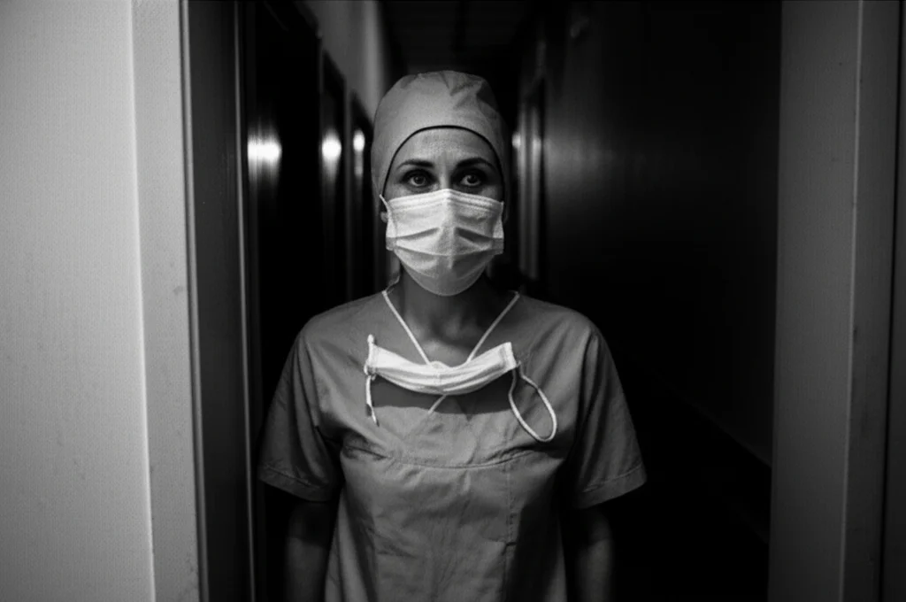 Ritratto fotografico di un'infermiera con segni di stanchezza sul volto ma sguardo determinato, indossa una mascherina chirurgica abbassata sotto il mento in un corridoio d'ospedale poco illuminato. Obiettivo 35mm, stile film noir con contrasti forti tra luci e ombre, profondità di campo ridotta per isolare il soggetto.