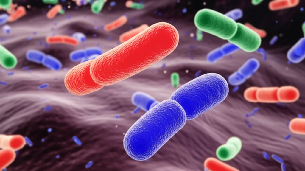 Visualizzazione artistica ma fotorealistica del microbioma intestinale, con diversi tipi di batteri colorati che fluttuano in un ambiente stilizzato, messa a fuoco precisa su alcuni batteri in primo piano, lente macro 60mm.