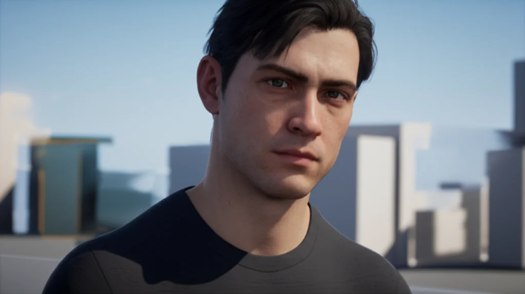 Fotografia di un avatar MetaHuman realistico generato in Unreal Engine 5, che interagisce con un ambiente virtuale ricostruito tramite Gaussian Splatting. Dettagli elevati, illuminazione controllata, obiettivo 50mm prime, profondità di campo.