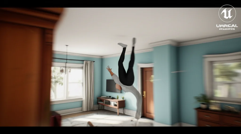 Scena d'azione catturata da una telecamera di sicurezza virtuale in Unreal Engine, che mostra un avatar cadere in un ambiente domestico. Teleobiettivo zoom 100mm, fast shutter speed, motion tracking per catturare il movimento della caduta.