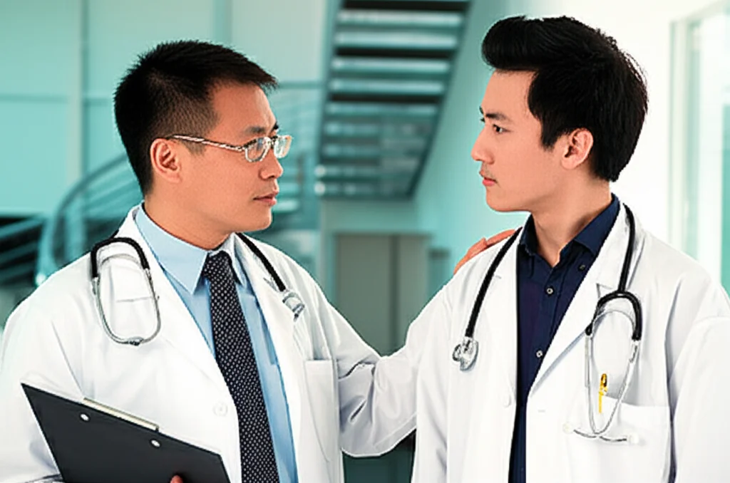Fotografia realistica di un'interazione di supporto tra un educatore/mentore asiatico (sui 40 anni) e uno studente di medicina cinese (sui 20 anni) in un ambiente universitario moderno e luminoso. Stanno parlando, l'educatore ha una mano sulla spalla dello studente in modo rassicurante. Obiettivo zoom 50mm, luce naturale, atmosfera positiva e incoraggiante.