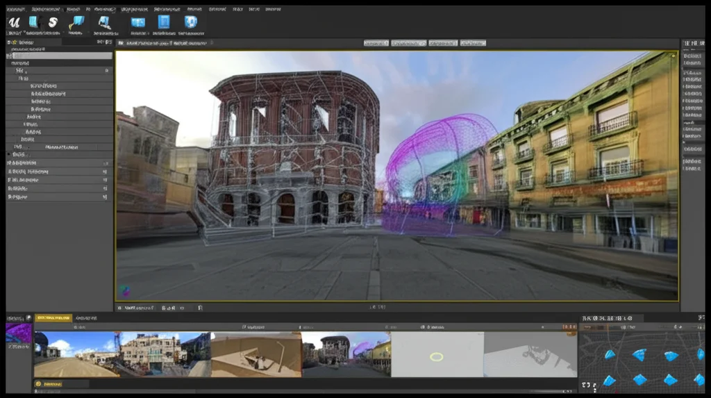 Vista grandangolare di una scena complessa ricostruita in 3D con Gaussian Splatting all'interno di Unreal Engine 5, mostrando il potenziale per la creazione di gemelli digitali. Obiettivo wide-angle 15mm, sharp focus, illuminazione ambientale realistica.