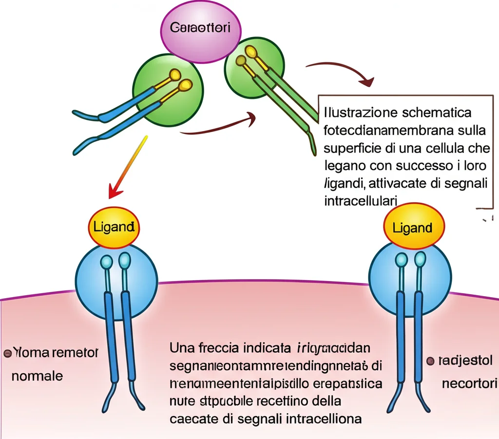 Illustrazione schematica fotorealistica di recettori transmembrana sulla superficie di una cellula che legano con successo i loro ligandi, attivando cascate di segnali intracellulari. Una freccia indica il ripristino della normale segnalazione. Stile chiaro, colori vivaci, focus sui recettori.