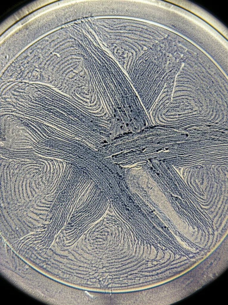 Macro fotografia di fettine di cervello organotipiche su una membrana di coltura, obiettivo macro 60mm, alta definizione, messa a fuoco precisa sotto illuminazione controllata da laboratorio, che mostra la delicata struttura del tessuto neurale.
