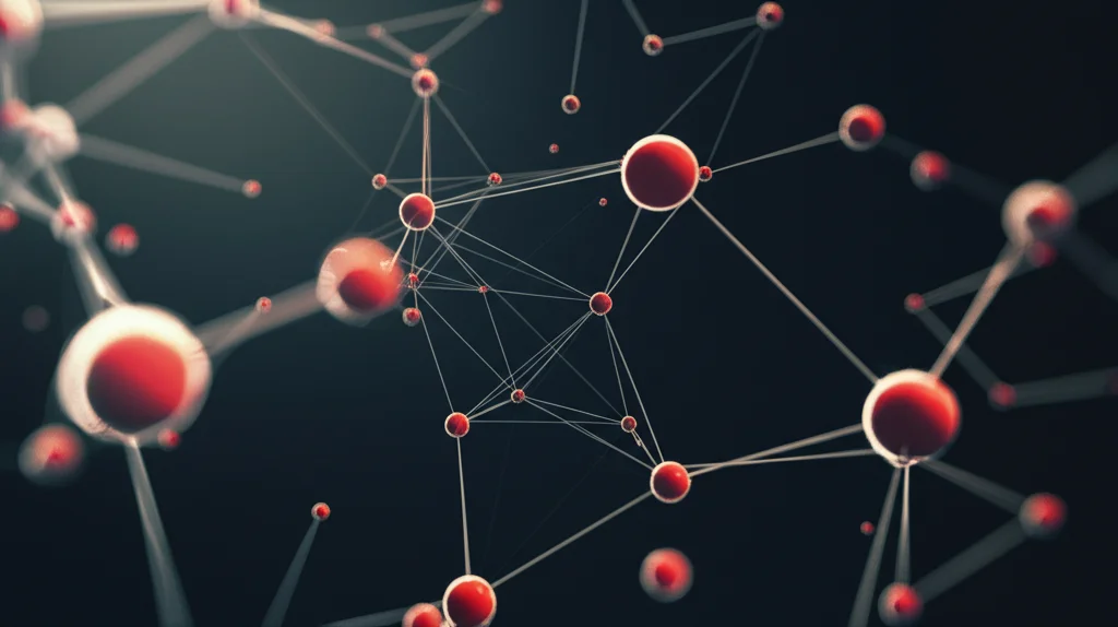 Visualizzazione 3D fotorealistica di una complessa struttura molecolare a grafo, con nodi luminosi (atomi) e legami brillanti (edge), su sfondo scuro high-tech. Macro lens, 85mm, high detail, precise focusing, controlled lighting.