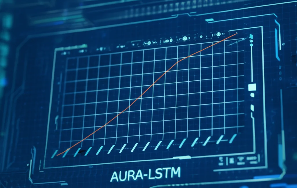 Grafico astratto fotorealistico che mostra curve di performance ascendenti (ROC-AUC) su uno schermo digitale futuristico, simboleggiando il successo del modello AURA-LSTM. Wide-angle lens, 20mm, sharp focus, illuminazione ambientale controllata.