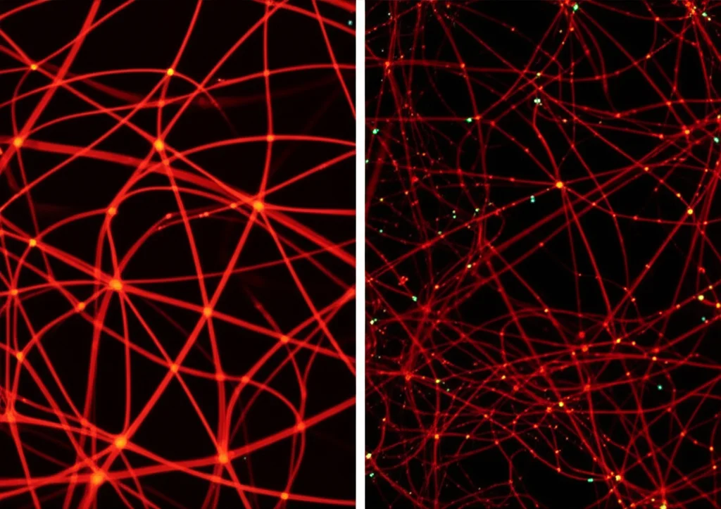 Rappresentazione astratta delle interazioni molecolari all'interno di una coltura di fettine di cervello rispetto a un cervello in vivo, utilizzando reti luminose o particelle, obiettivo grandangolare 10mm, messa a fuoco nitida, enfatizzando la complessità.