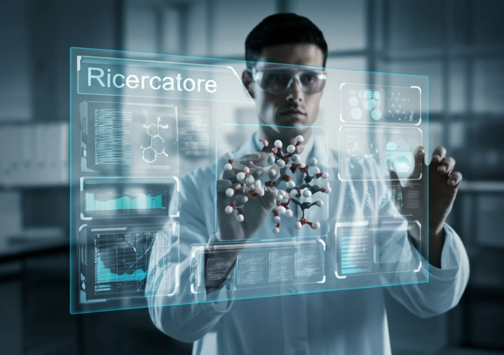 Ricercatore in laboratorio che osserva una simulazione molecolare complessa su uno schermo trasparente olografico, rappresentando l'applicazione di AURA-LSTM nella scoperta di farmaci. Prime lens, 35mm, depth of field, tonalità blu e argento duotone.