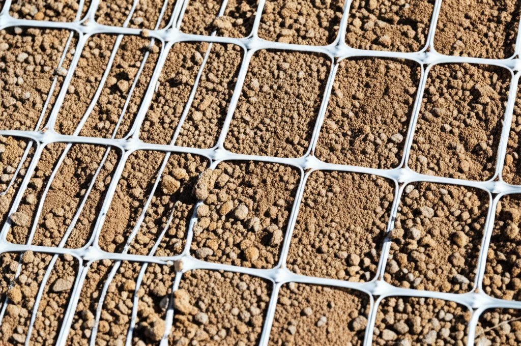 Fotografia macro di strati alternati di terreno granulare compattato e geogriglia sintetica bianca all'interno di una spalla di ponte in costruzione, illuminazione controllata, alta definizione, obiettivo macro 80mm.