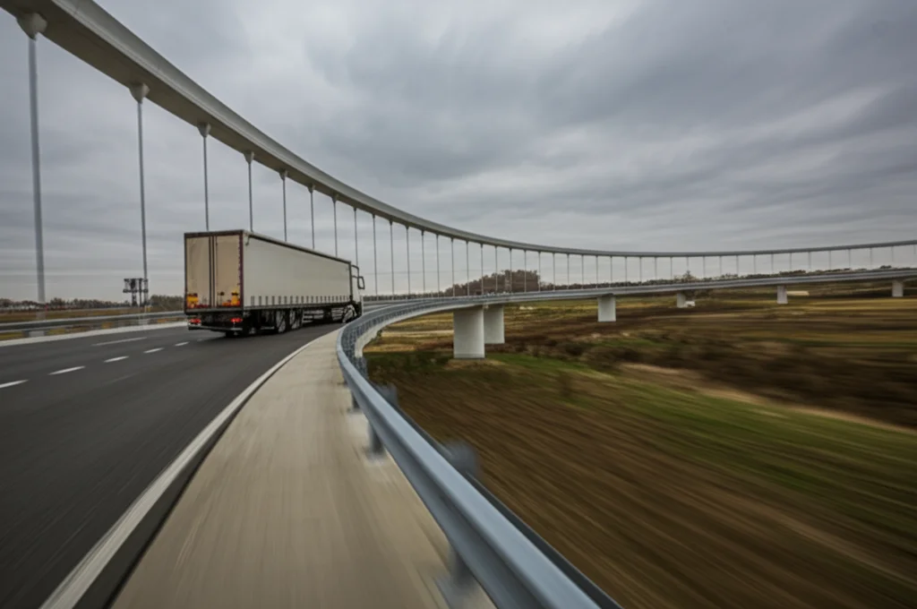 Fotografia dinamica di un camion pesante che attraversa un ponte moderno con spalle in terra rinforzata, vista laterale, effetto mosso leggero per indicare velocità, obiettivo teleobiettivo zoom 150mm, fast shutter speed, movement tracking.