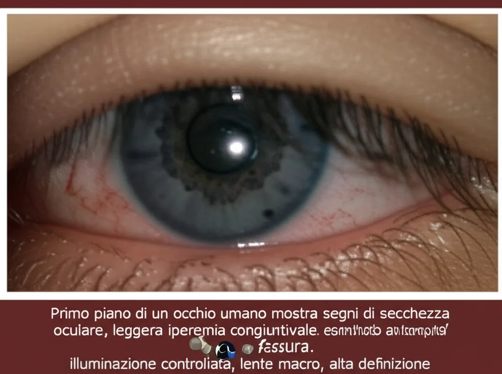 Primo piano di un occhio umano che mostra segni di secchezza oculare, con leggera iperemia congiuntivale, esaminato con lampada a fessura, illuminazione controllata, lente macro 60mm, alta definizione.