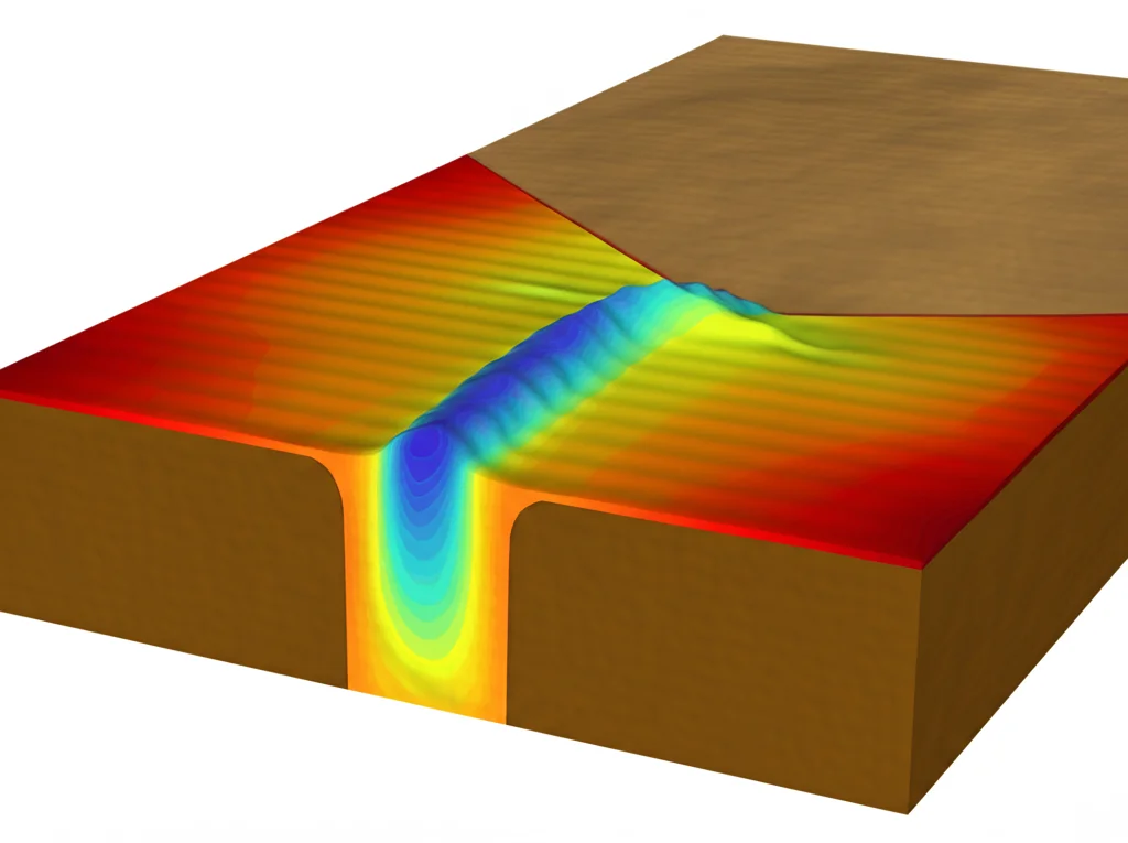 Visualizzazione 3D scientifica che mostra la distribuzione dello stress (colori caldi per stress elevato, freddi per basso) all'interno di un modello numerico di una spalla di ponte in terra rinforzata GRS-IBS sotto carico veicolare, focus nitido sui punti di concentrazione dello stress.